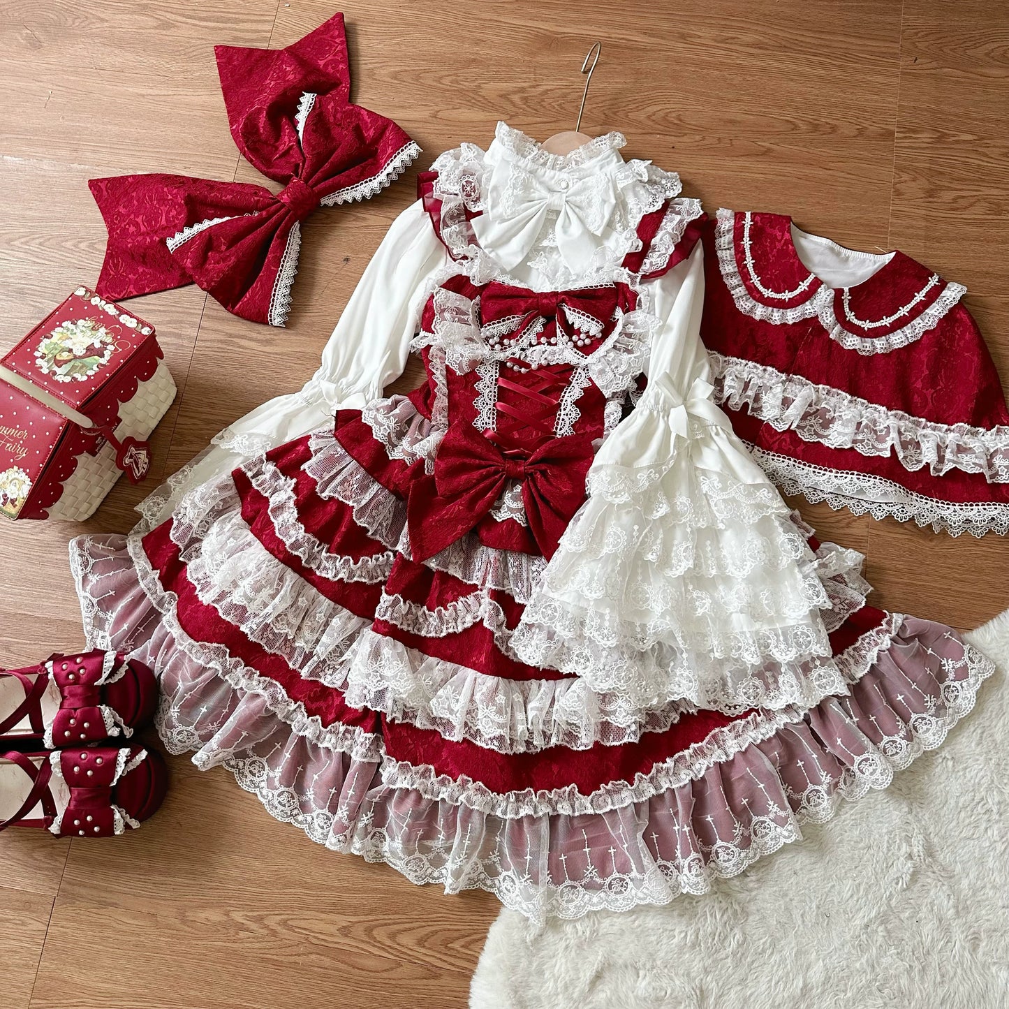 Original Lolita Dress Cape Set New Spring Autumn Sweet Girl Lace Princess Jsk Cake Dress Fairy Suspender Dress Shirt Outfit