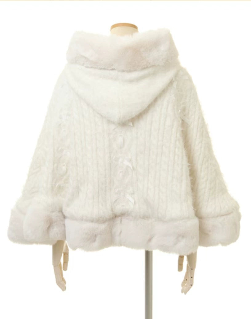 Japanese Sweet Soft Thick Women's Double-Layer Big Ribbon Hooded Knitted Cloak 3 Colors Autumn and Winter Ponchos Warm Jacket