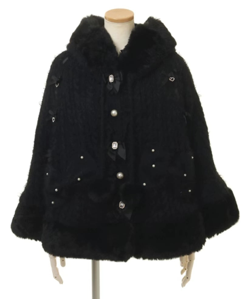 Japanese Sweet Soft Thick Women's Double-Layer Big Ribbon Hooded Knitted Cloak 3 Colors Autumn and Winter Ponchos Warm Jacket