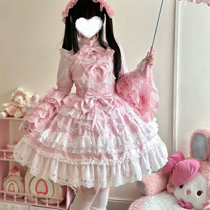 Original Lolita Dress Cape Set New Spring Autumn Sweet Girl Lace Princess Jsk Cake Dress Fairy Suspender Dress Shirt Outfit