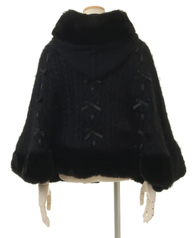 Japanese Sweet Soft Thick Women's Double-Layer Big Ribbon Hooded Knitted Cloak 3 Colors Autumn and Winter Ponchos Warm Jacket