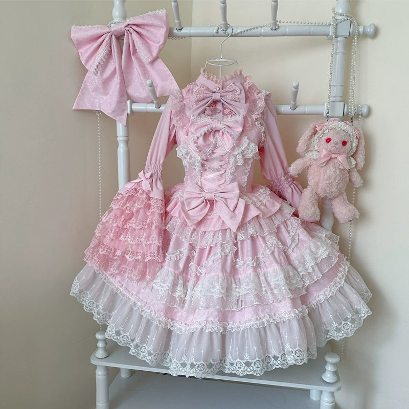 Original Lolita Dress Cape Set New Spring Autumn Sweet Girl Lace Princess Jsk Cake Dress Fairy Suspender Dress Shirt Outfit