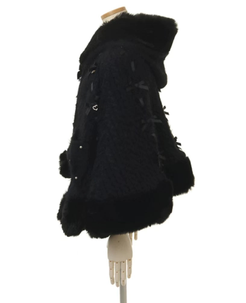 Japanese Sweet Soft Thick Women's Double-Layer Big Ribbon Hooded Knitted Cloak 3 Colors Autumn and Winter Ponchos Warm Jacket