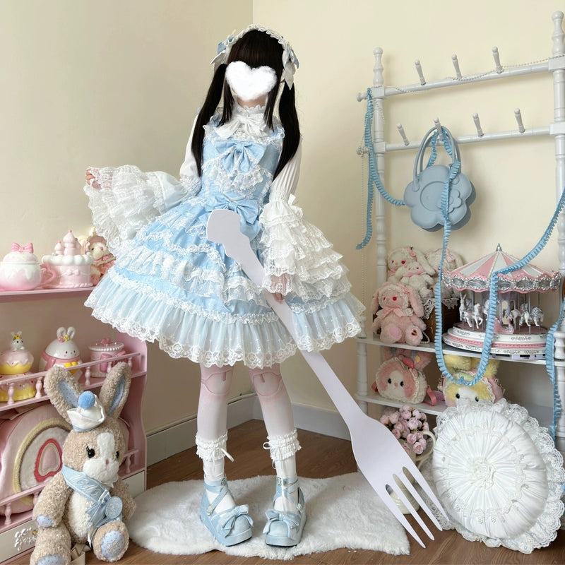 Original Lolita Dress Cape Set New Spring Autumn Sweet Girl Lace Princess Jsk Cake Dress Fairy Suspender Dress Shirt Outfit