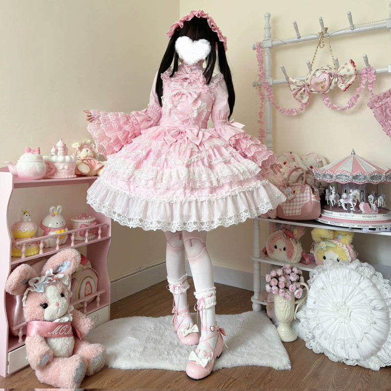 Original Lolita Dress Cape Set New Spring Autumn Sweet Girl Lace Princess Jsk Cake Dress Fairy Suspender Dress Shirt Outfit