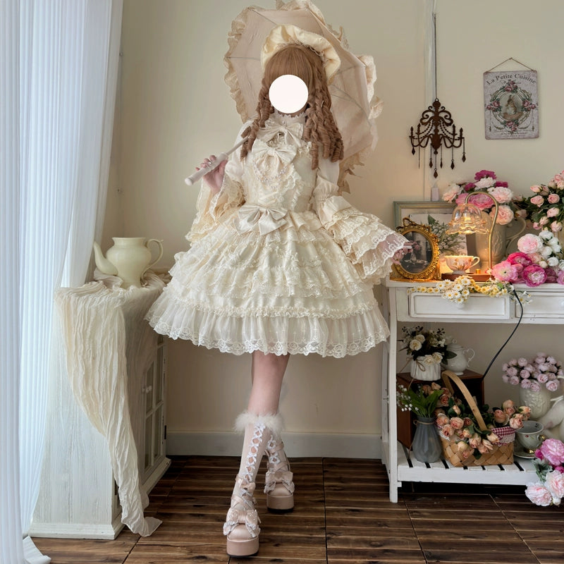 Original Lolita Dress Cape Set New Spring Autumn Sweet Girl Lace Princess Jsk Cake Dress Fairy Suspender Dress Shirt Outfit