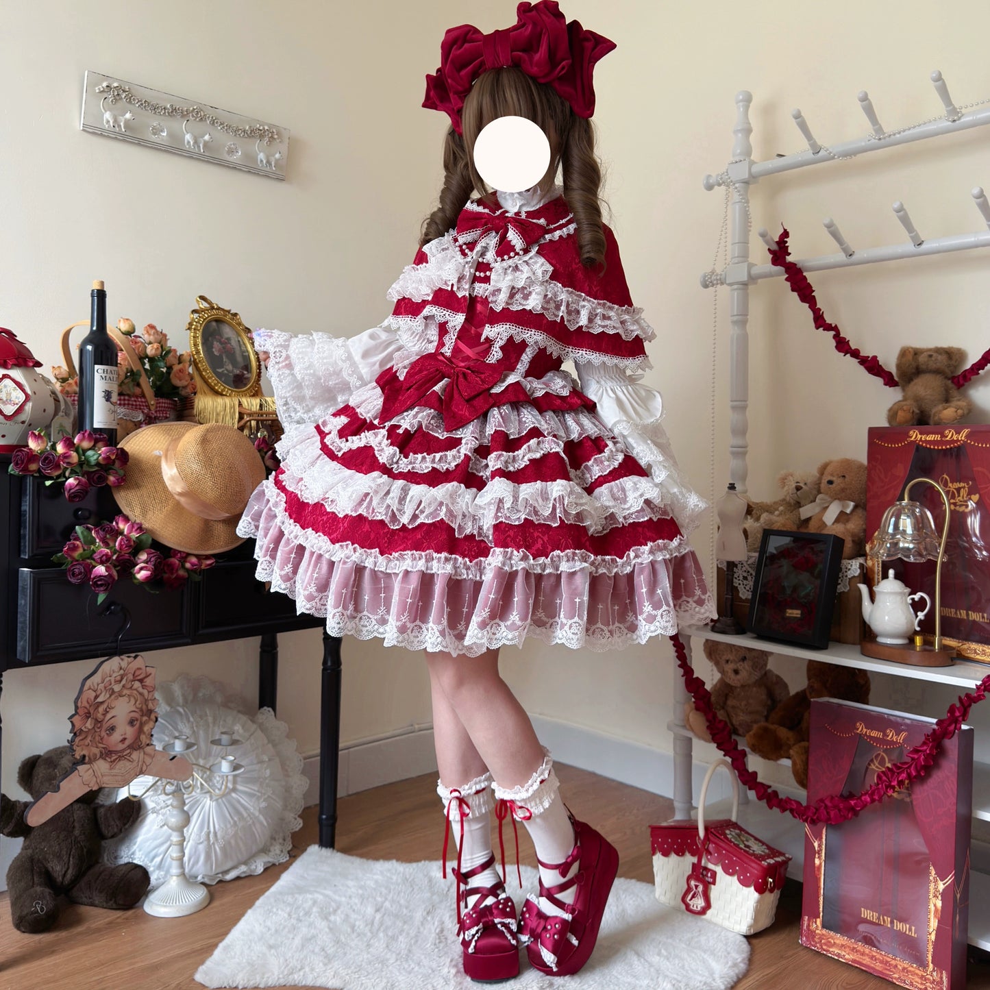 Original Lolita Dress Cape Set New Spring Autumn Sweet Girl Lace Princess Jsk Cake Dress Fairy Suspender Dress Shirt Outfit