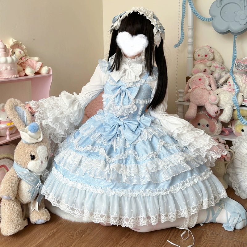 Original Lolita Dress Cape Set New Spring Autumn Sweet Girl Lace Princess Jsk Cake Dress Fairy Suspender Dress Shirt Outfit