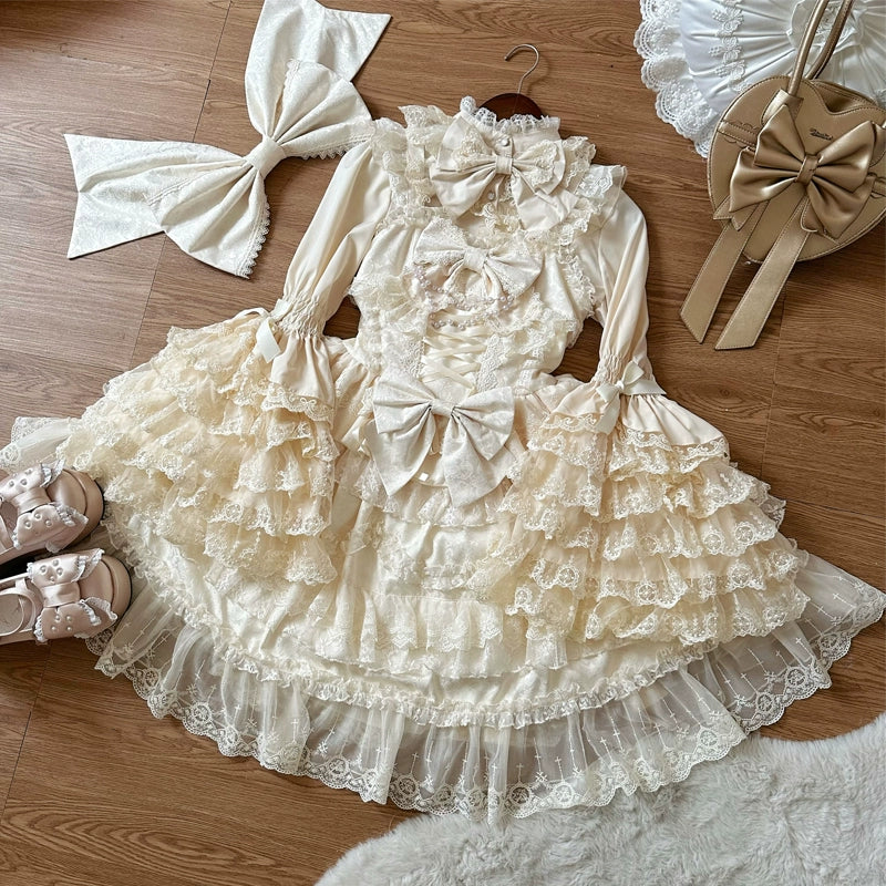 Original Lolita Dress Cape Set New Spring Autumn Sweet Girl Lace Princess Jsk Cake Dress Fairy Suspender Dress Shirt Outfit