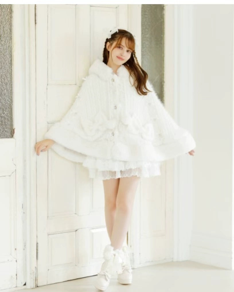 Japanese Sweet Soft Thick Women's Double-Layer Big Ribbon Hooded Knitted Cloak 3 Colors Autumn and Winter Ponchos Warm Jacket