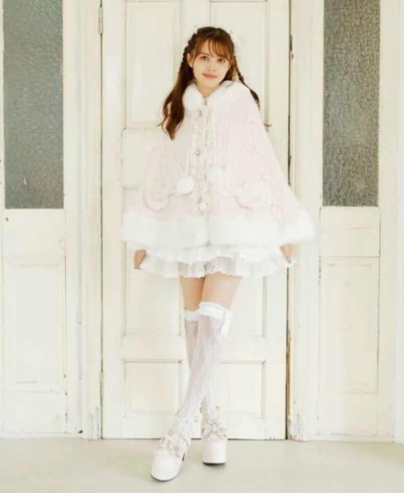 Japanese Sweet Soft Thick Women's Double-Layer Big Ribbon Hooded Knitted Cloak 3 Colors Autumn and Winter Ponchos Warm Jacket