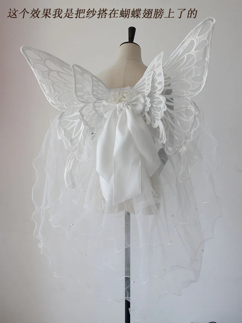 Handmade Black White Butterfly Wings Can Back Wear Lolita Mesh Back Decoration for Party Photo Props Girl Womens Butterfly Clips