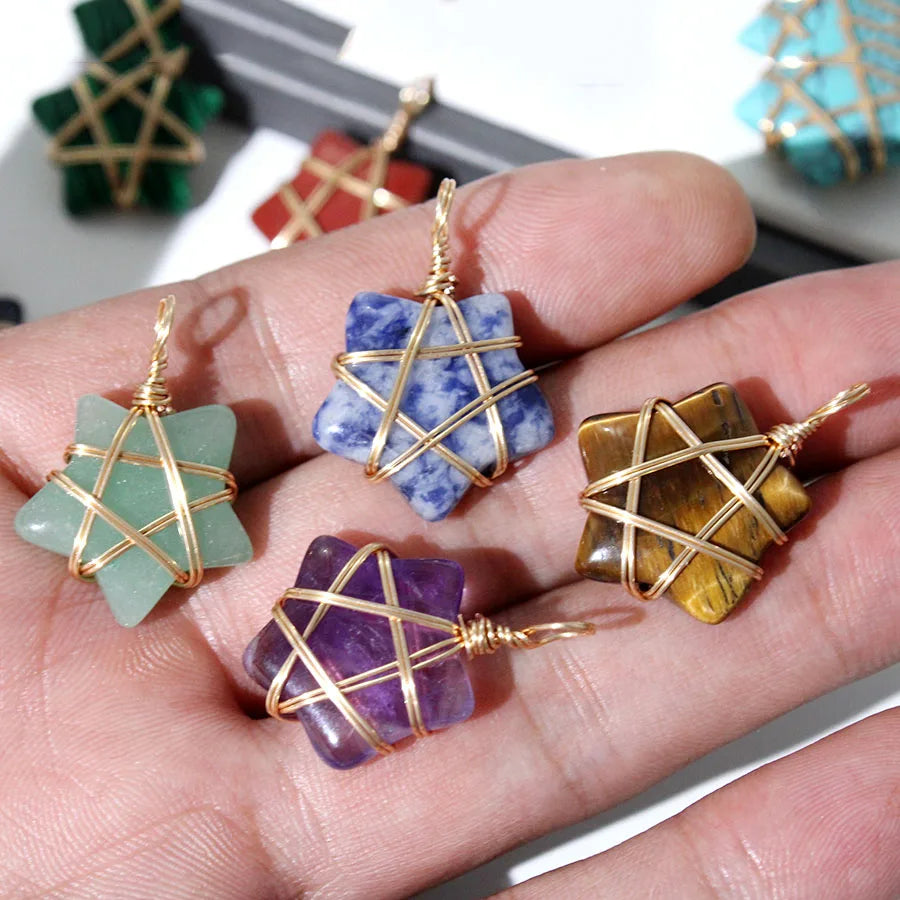 20Pcs Natural Stone Crystal Star Pendant Hand Wired Wrap Gemstone Charm for DIY Necklace Jewelry Making Christmas Gift accessory