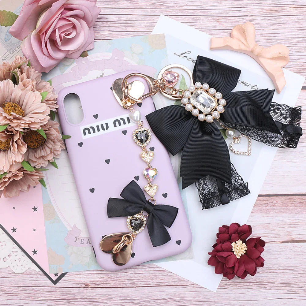 Japanese Sweet Cute Handmade Rhinestone Bow Hairpin Pearl Lace Hairclips Lolita Women Girls Side Clip Bag Pendant Handbag Charms