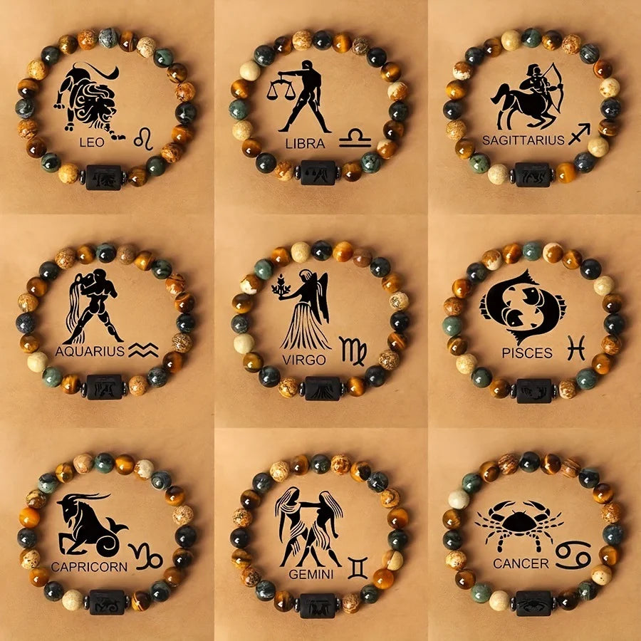 Natural Stone Beads Tiger Eye Stone 12 Constellation Bracelets For Men Women Zodiac Signs Bracelet Aries Taurus Virgo Jewelry