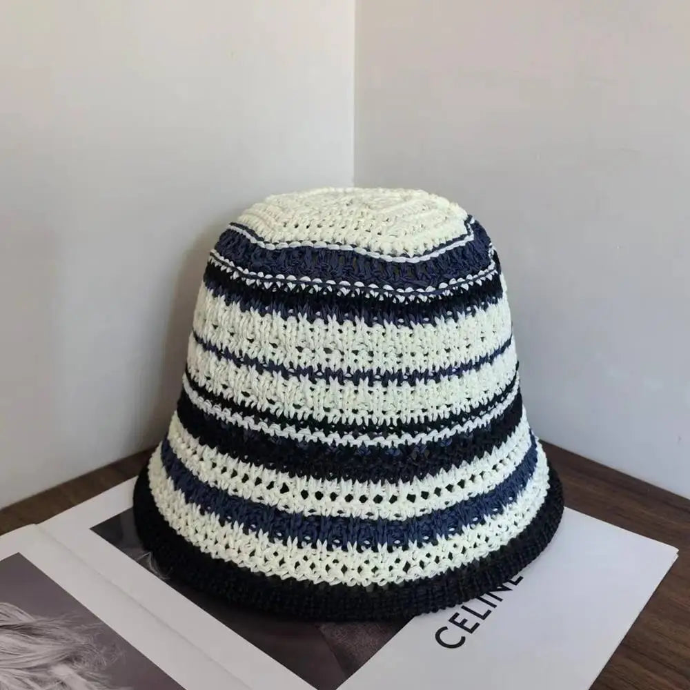 Summer Hollow Knitted Hollow Fisherman Caps Sun Protection Straw Bucket Hat Breathable Crochet Beach Cap Wide Brim Sun Hat
