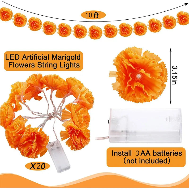 Mexican Marigold Artificial Flowers Day Of The Dead Diy Home Outdoor Decor Halloween Diwali Party 1.5m Garland String Lights