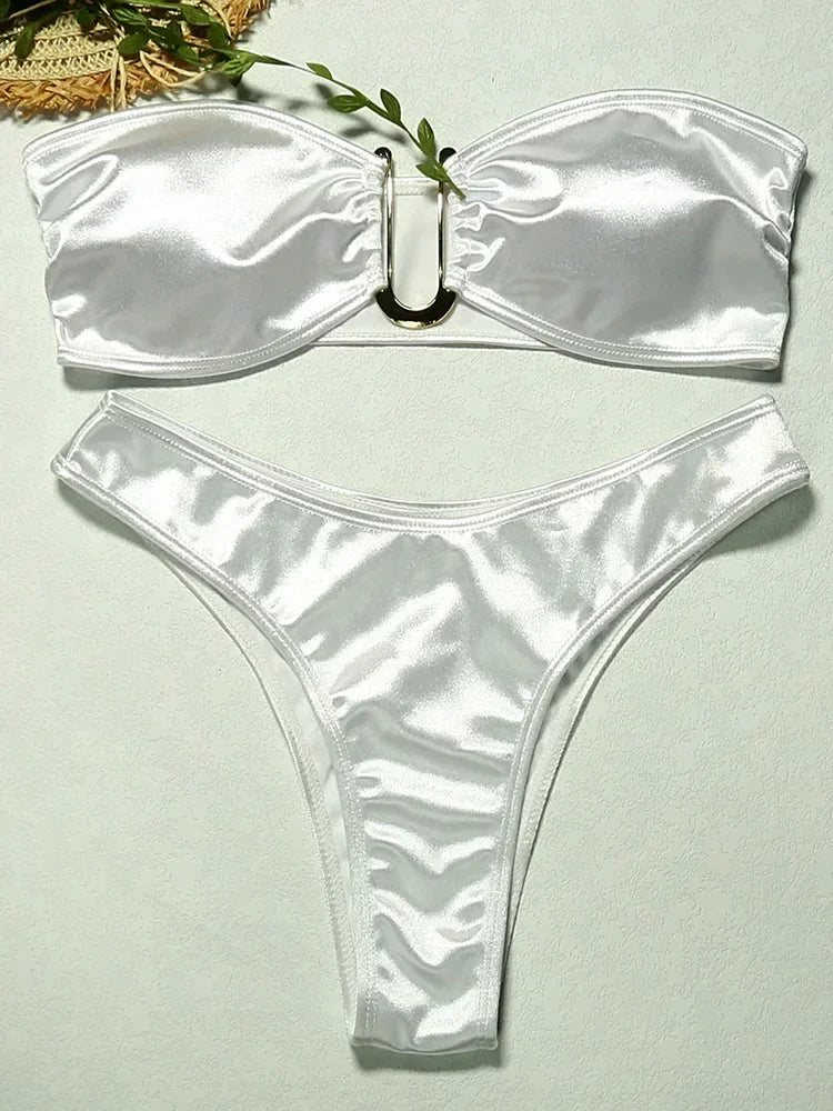Shiny Bandeau Bikinis 2025 Strapless Bikini Female Swimsuit Women Swimwear Two-pieces Bikini Set High Cut Bathing Suit Swim Lady