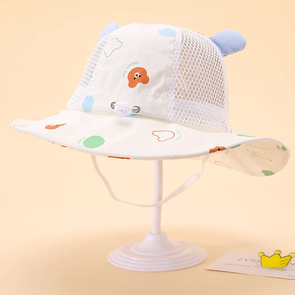 Baby Fisherman Hat Cartoon Bear Mesh Summer Bucket Hats Sun Protection Windproof Boys Girls Caps For Kids 2-6 Years