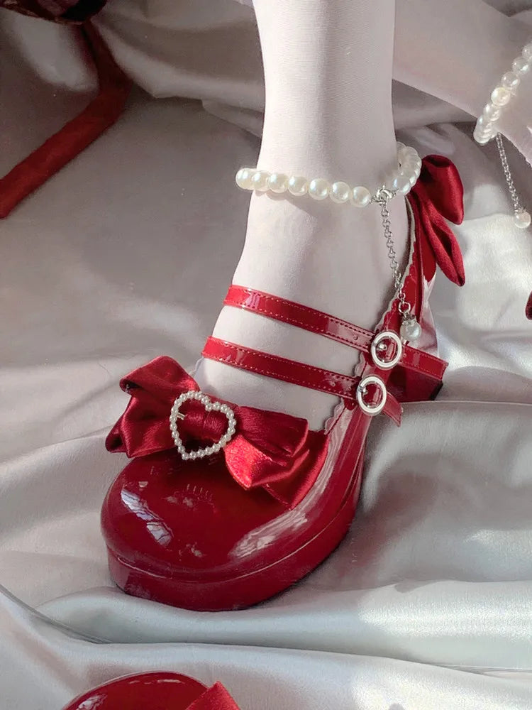 Lolita Shoes New Japanese Cute Round Head Pearl Bow Clips Leather Shoes Pumps Women Mary Jane Shoes High Heels Girls