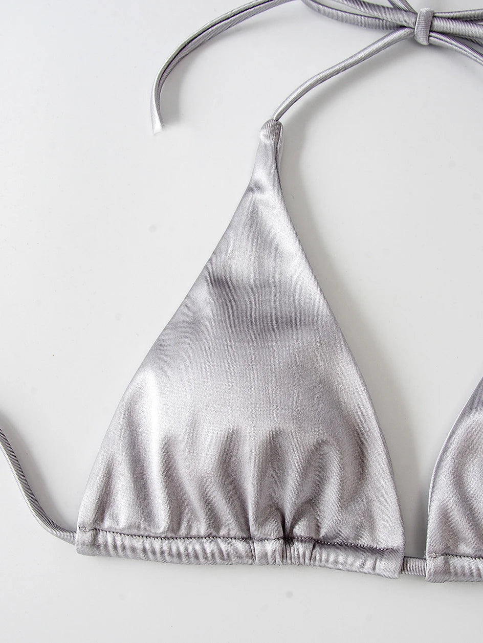Metallic Halter Triangle Bikini 2023 Swimsuit Women Swimwear Female Bathing Suits Brazilian Thong Micro Bikinis Set Beach Wear