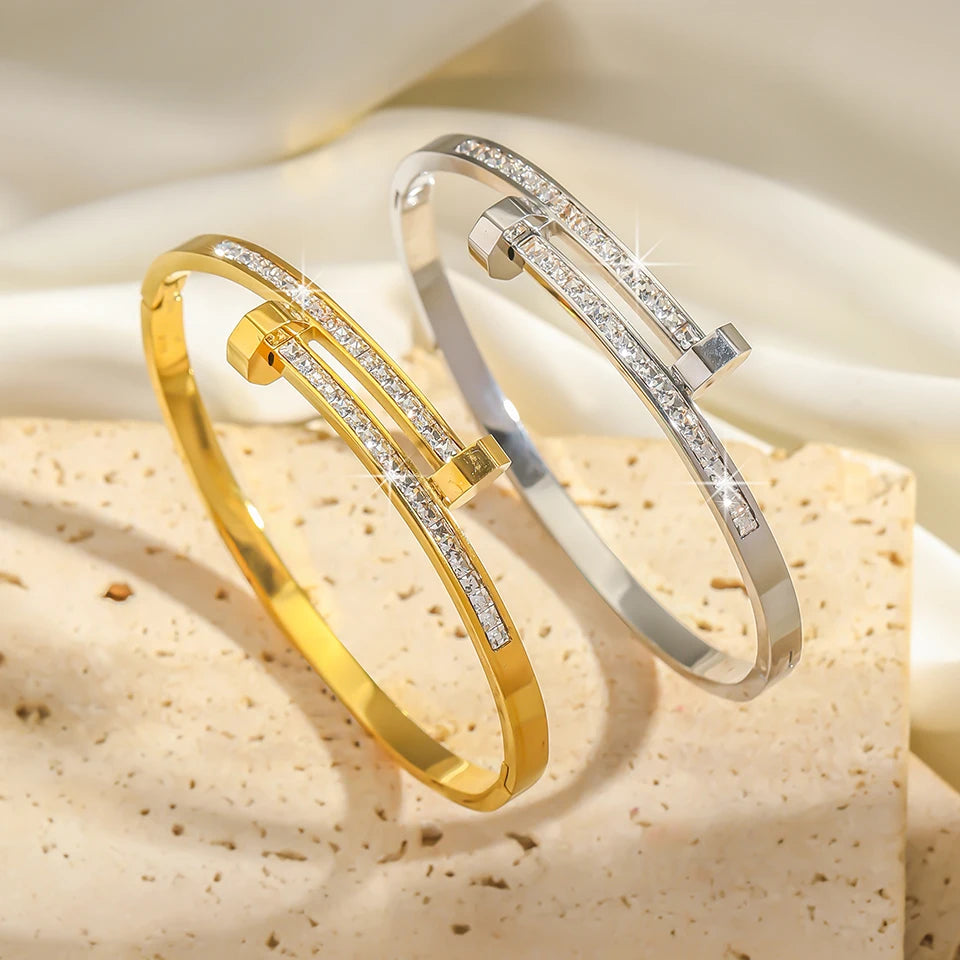 RAKOL High-quality New Zircon Nail Open Bracelet For Women Fashion Crystal Inlaid Adjustable Bracelet Party Jewelry Gift