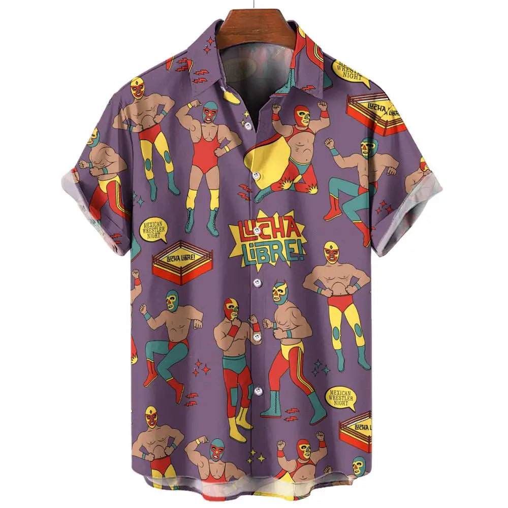 New Retro Men's Shirt 3d Mexican Wrestling Print Short Sleeve Shirt Fashion Man Clothing Loose Oversized Hawaiian Shirts For Men