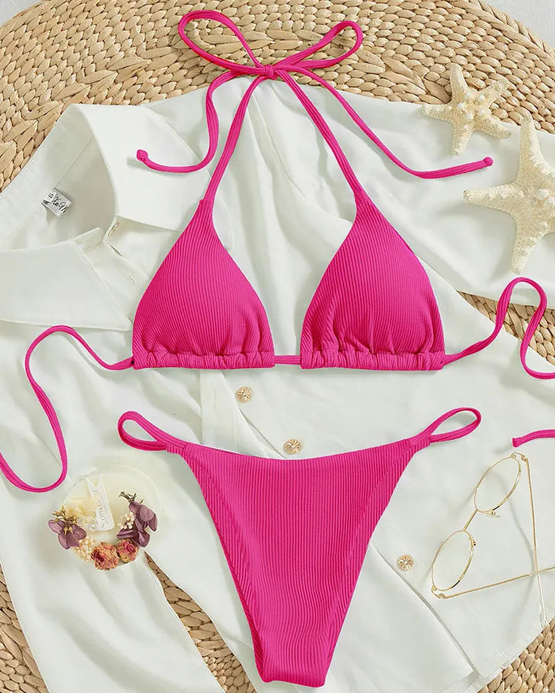 11 Colors Women Sexy Simple Solid Halter Bikini Swimsuit High Waisted Lace Up Beach Bathing Suit Special Pit Stripe Fabric 2024