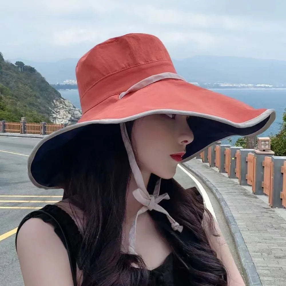 Solid Color Wide Brim Sun Hat Korean Style Anti-UV Sun Protection Hat Fisherman Hat with Neck Rope Women Bucket Hat Ladies