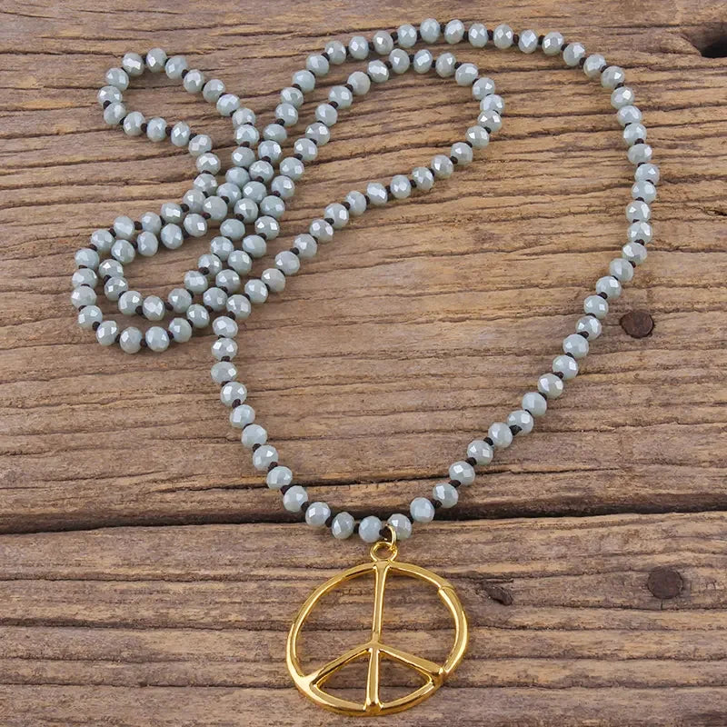 Fashion Boho Jewelry Accessory 6mm Glass Knotted With Metal Peace Pendant Necklaces For Women Femme Bohemia Necklace Gift