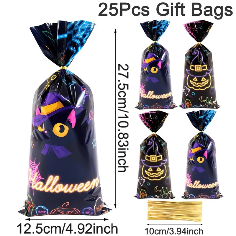 25/50/100pcs Halloween Black Cat Gift Bags Pumpkin Candy Packaging Bags Trick Or Treat 2025 Happy Halloween Party Decor Supplies