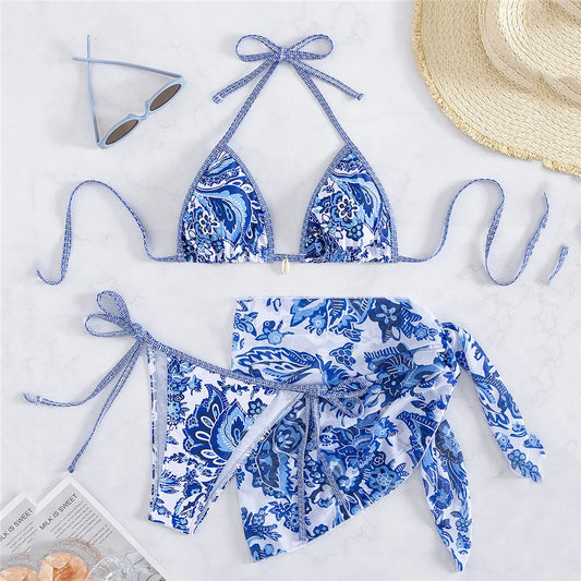 Vintage Blue Floral Print Swimwear Halter String Triangle 3 Piece Bikini Set Cover Ups Sexy Swimsuit Women 2025 Bikinis De Muejr