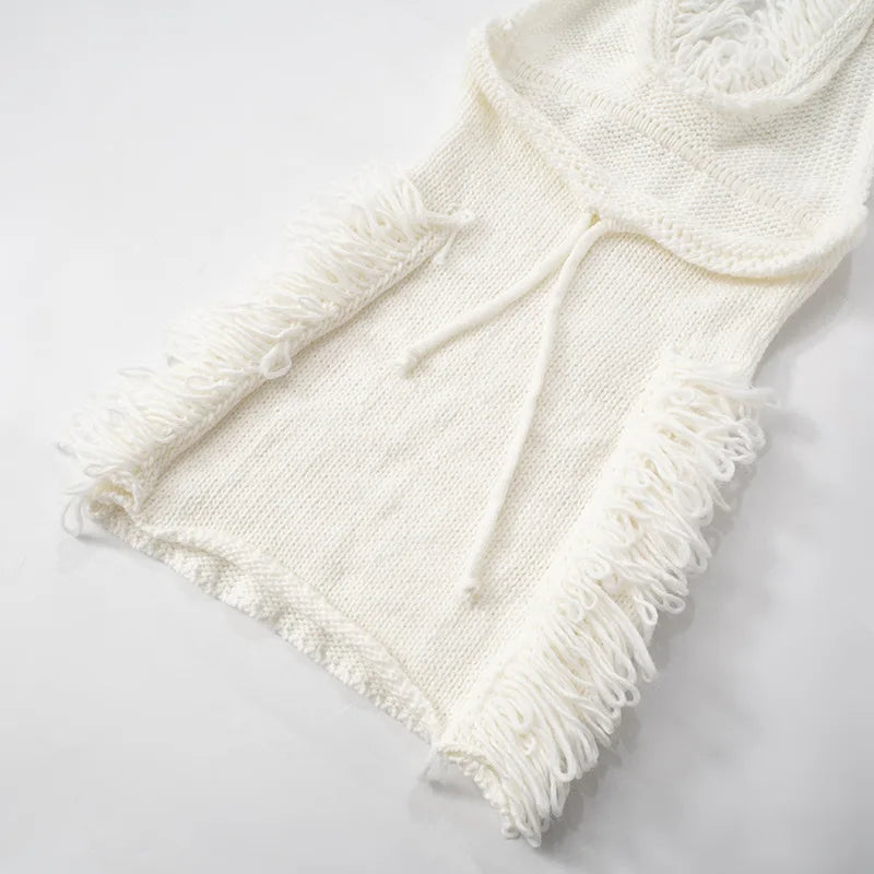 HLJ Sexy Knit Tassels 2 Piece Sets Woman Outfit Long Sleeve Lace-Up Cardigan Tops + Mini Skirts Suits Female Streetwear Clothing