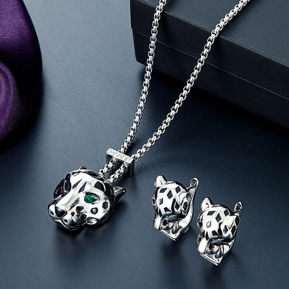 Zlxgirl Green Eye Jet leopard pendant with Earrings Jewelry Set AAA micro pave cubic zircon copper necklace sets fashion jewelry