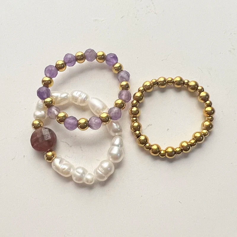 Boho Purple Tourmaline Ring Sets For Wedding Fashion Handmade Jewelry Freshwater Pearl Women Rings Stainless Steel