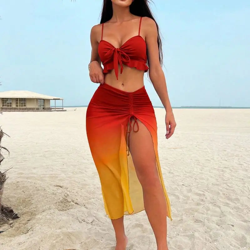 Cikini Sexy Gradient Color Three Piece Swimsuit Mesh Bikinis Set Summer Beach Swimwear Bathing Suit For Women