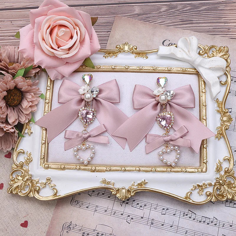 Soft Pink Lolita Earrings Handmade Bow Chic Sweet Girl's Earrings Clips for without Ear Holes/Needles Earring for Woman
