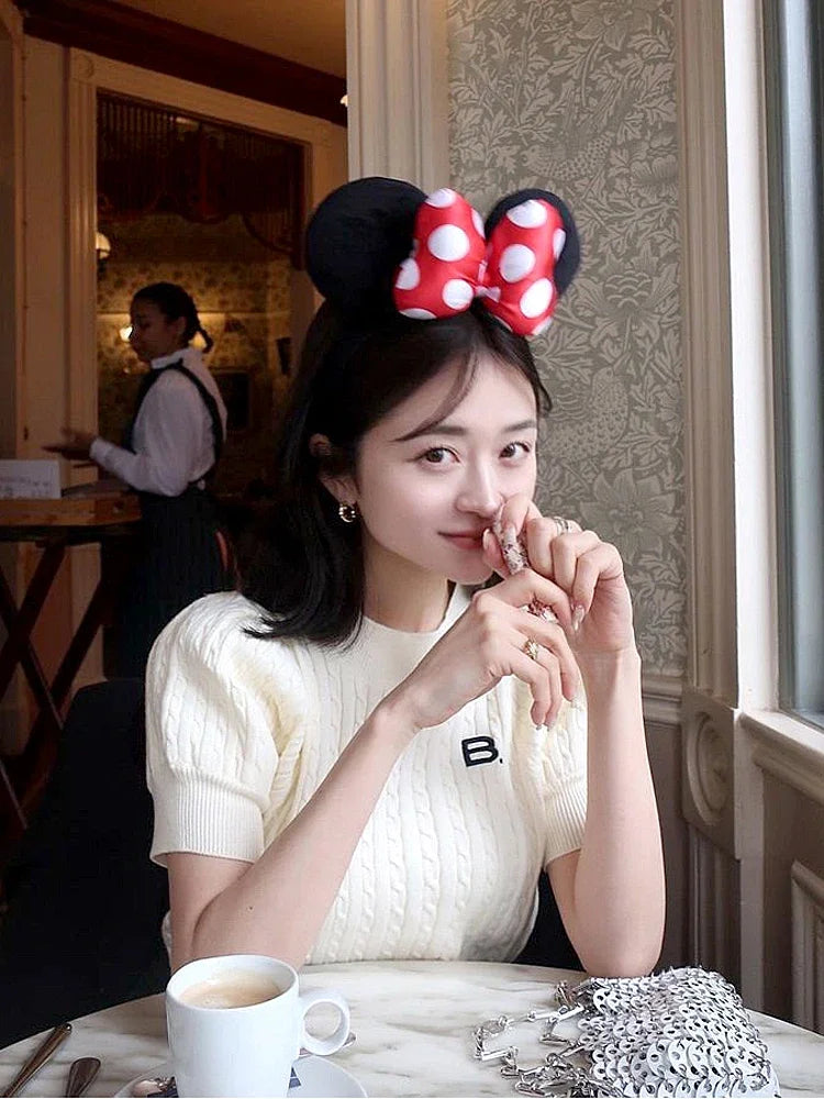 Japanese New Spring Ladies Sweet Bubble Short Sleeve Twist Knitted Top Sweater Letter Embroidered Pure Color Women's T-shirt