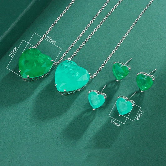Luxury Silver Color Paraiba Tourmaline Gemstone Heart Necklace Earring for Women Wedding Dinner Party Jewelry Anniversary Gift