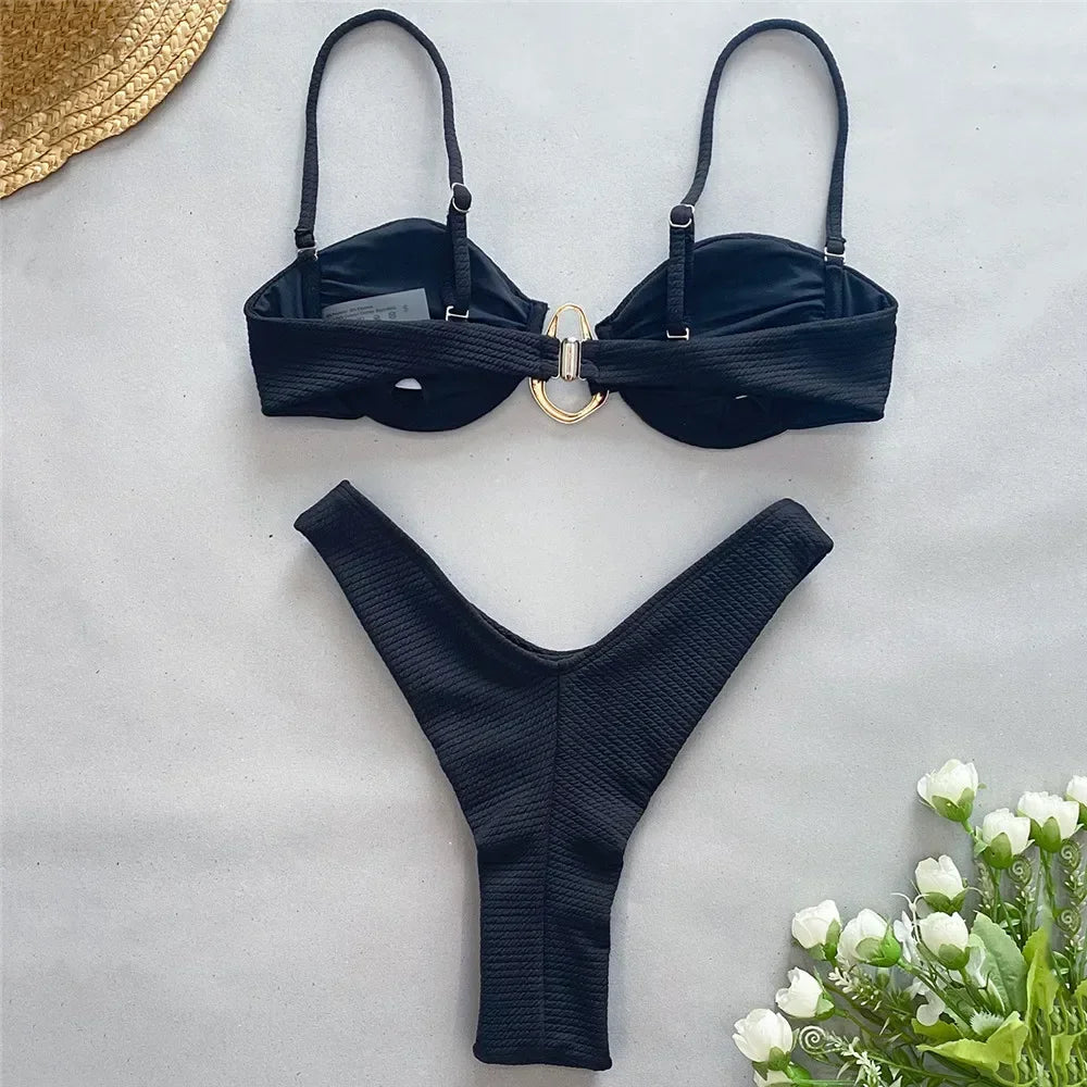 Sexy Black Push Up Bikini 2025 Women Swimwear Wrinkled Underwired Swimsuit High Cut Bathing Suit Metal Ring Bikinis Sets Biquini