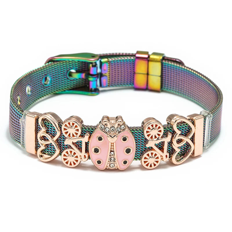 Silver Color Stainless Steel Mesh Bracelets For Women Crystal Santa Claus Beads Charm Watch Belt BraceletsBangles Christmas Gift