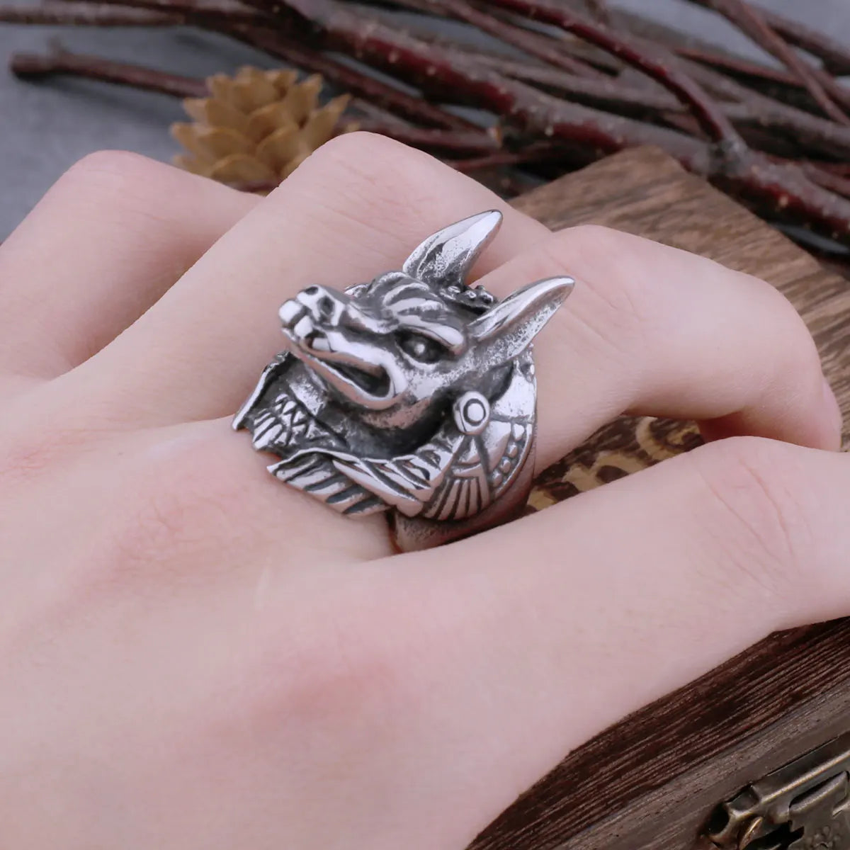 Stainless Steel Vintage Egyptian God Anubis Ring For Men Egyptian Mythology Hip Hop Fashion Biker Ring Animal Jewelry Wooden Box