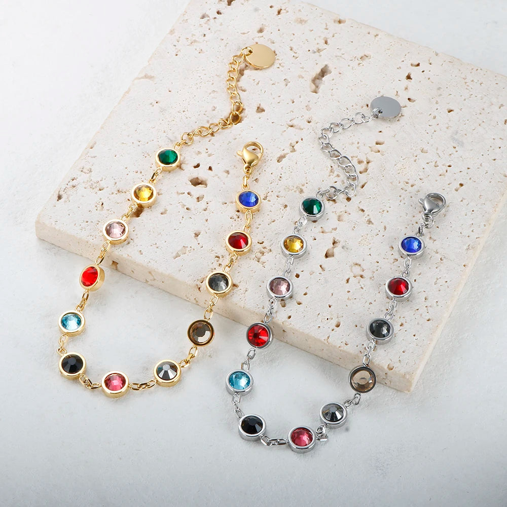 JINHUI Colorful Bejeweled Bangle Popularity TS Stainless Steel Bracelets for Women 12 Birthstones Rainbow Crystal Chain Jewelry