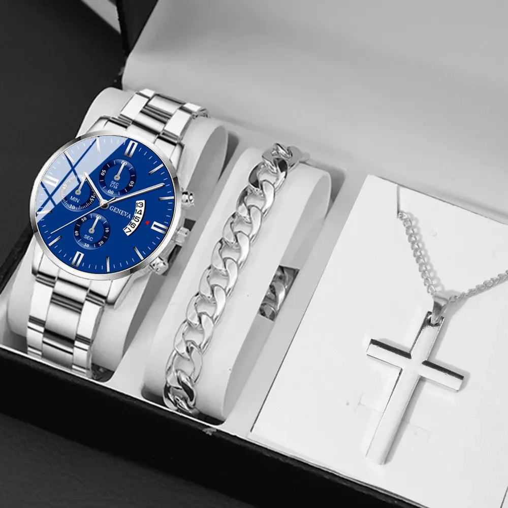 3pcs/set Fashion Business Men's Watch Calendar Alloy Male Watch Bracelet Necklace Jewelry Set Deal Choice for Gifts To Men