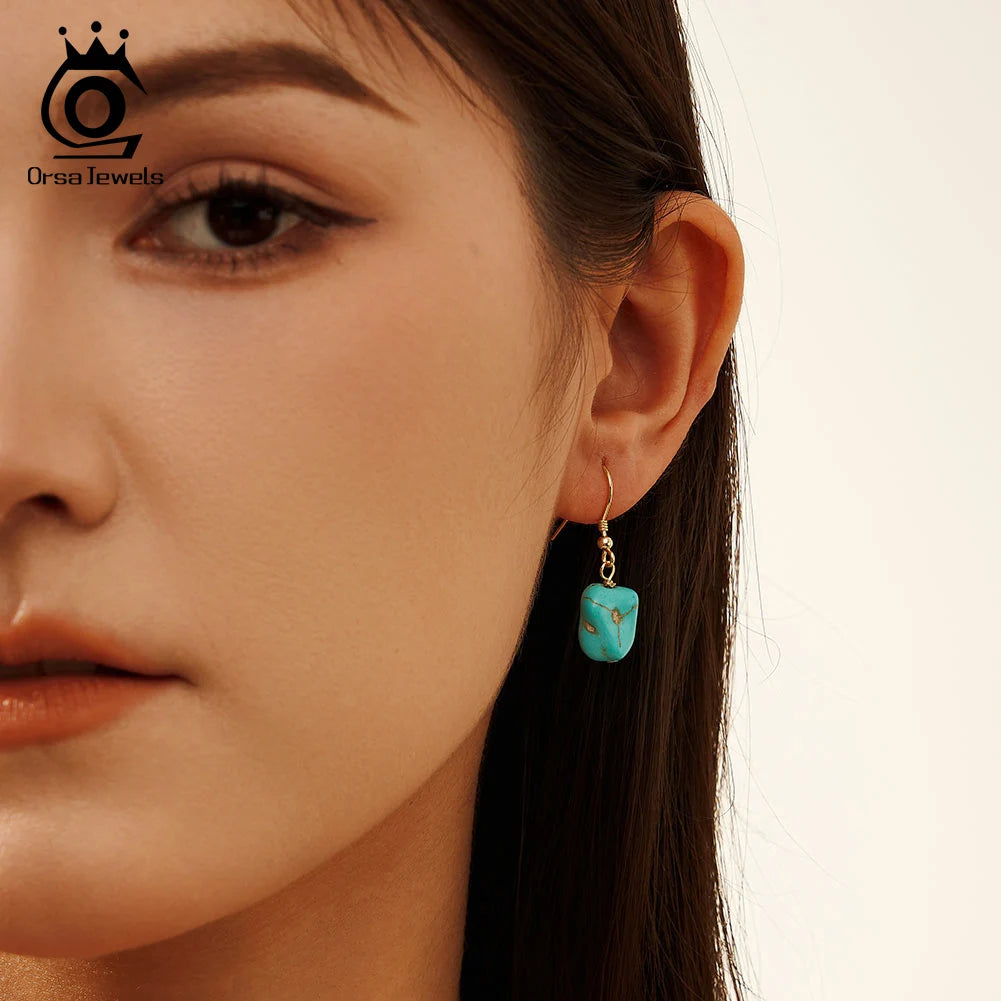 ORSA JEWELS 14K Gold 925 Sterling Silver Dangle Earrings Hand-picked Square Turquoise Drop Earring for Women Jewelry Gift GME45