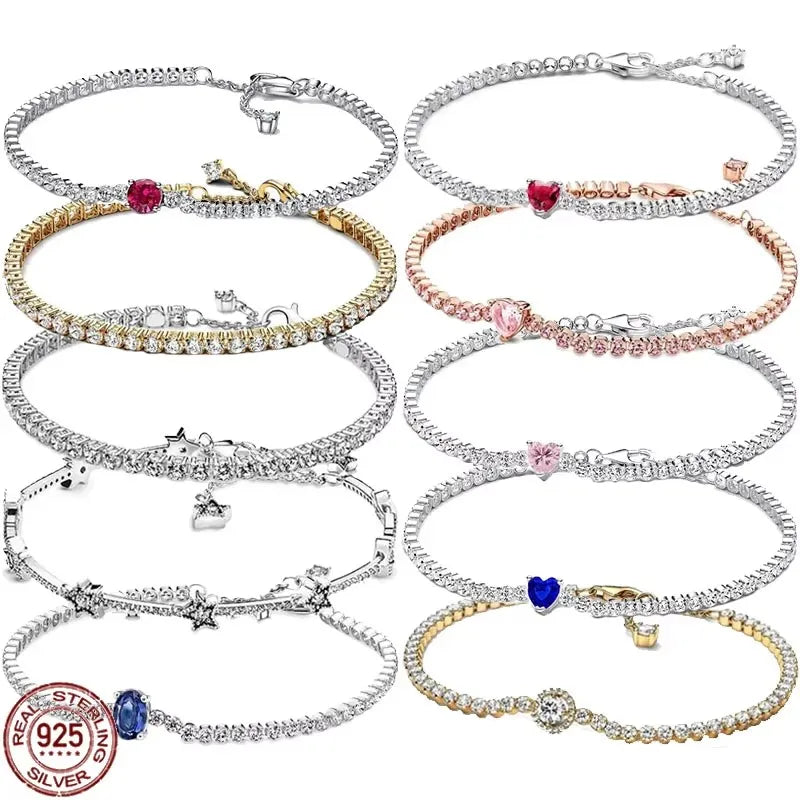 Exquisite 925 Sterling Silver New Shiny Heart-shaped Stars All Zircon Tennis Bracelet Luxurious Charm Bracelet Holiday Gifts
