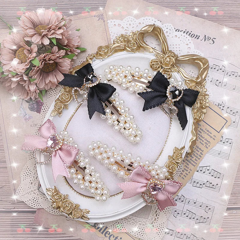 Cute Sweet Japanese Lolita Barrettes Hairpin Mine Pearl Bow Rhinestone Love Heart A Pair Of Hairclips Side Clip Hair Accessories