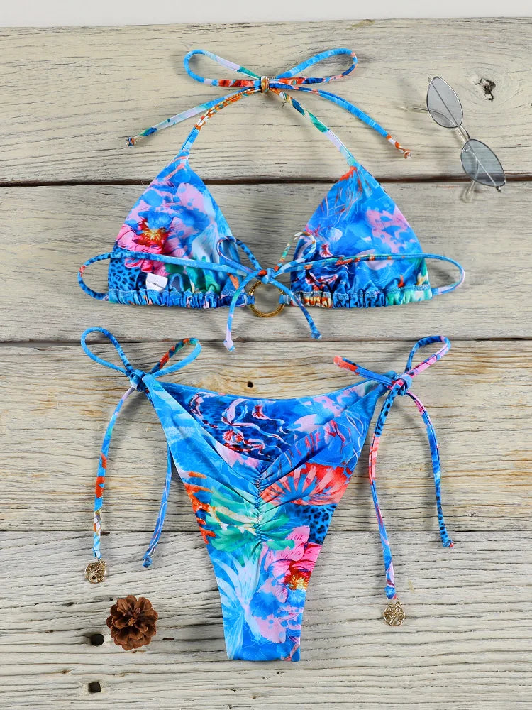 Print Bikini Set Tie Dye Bikinis Sexy Swimwear Women Block Color Adjust Bathing Suit High Quality Bandage Swimsuit Female