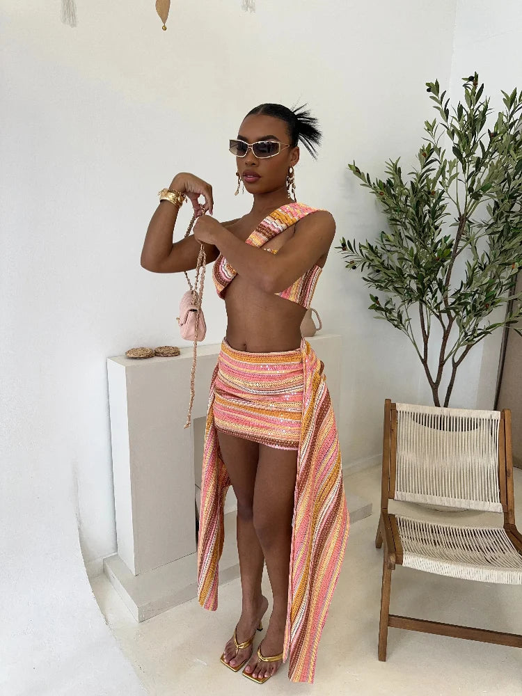 Knit Sequin Sexy One Shoulder Skirt Women Set colorful Crop Top Draped Mini Skirts Slim Bodycon 2 Pieces Sets Lady beachwear