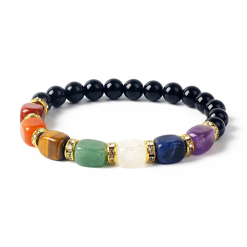 Natural Stone 7 Chakra Bracelets Reiki Healing Energy Hematite Tiger Eye Beaded Elastic Bracelets for Women Girls Yoga Jewelry
